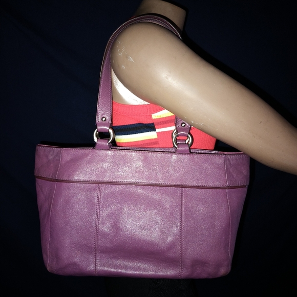 Coach East West F15235 Plum Leather Silver Studded Tote Shoulder Bag - Picture 2 of 16